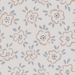 Abstract brush flower vector seamless pattern. Hand drawn botanical ink illustration with floral motif. Chamomile or daisy painted by brush in pastel colors. Hand drawn print for wrapping paper