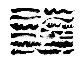 Black paint wavy and straight brush strokes vector collection. Dirty curved lines and wavy brushstrokes. Ink illustration isolated on white background. Modern grunge brush lines. Calligraphy smears.