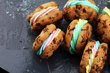 ice cream sandwiches with strawberry and chocolate. Chocolate Chip Cookie Ice Cream Sandwich