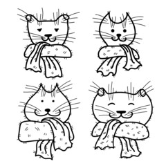 Cute drawn cats in scarves. Collection of isolated contour illustrations for fabric, poster, postcard, etc.
