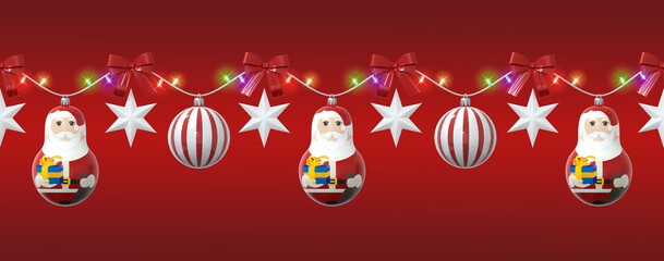 Glowing garland of red bows, white stars, Christmas balls and Santa Claus toys. 3D render. Festive clip-art.