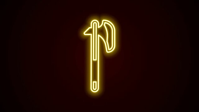 Glowing neon line Medieval axe icon isolated on black background. Battle axe, executioner axe. Medieval weapon. 4K Video motion graphic animation