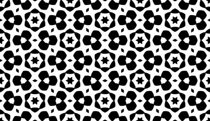Black, white pattern, geometric wallpaper , seamless texture with flat floral ornament, decorative illustration with simple elemets