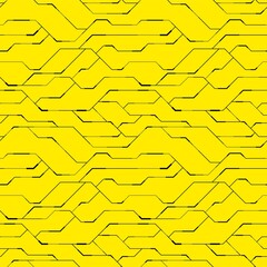 Naadloze technologie patroon. Geometrisch technoontwerp. Abstract vector achtergrond in gele en zwarte kleur.