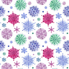 Multicolored abstraction  watercolor snowflakes. Seamless pattern. Christmas elements on white backgrounds.
