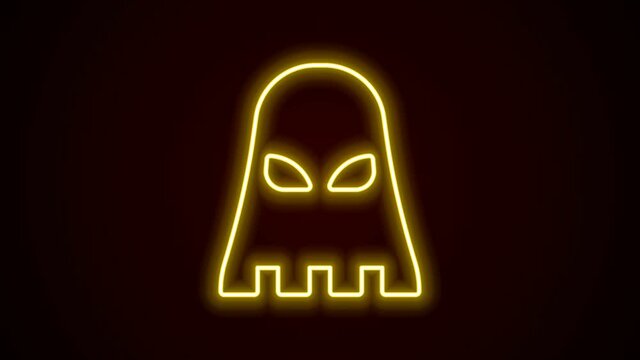 Glowing neon line Executioner mask icon isolated on black background. Hangman, torturer, executor, tormentor, butcher, headsman icon. 4K Video motion graphic animation