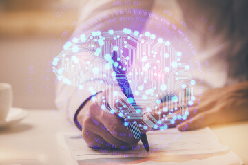 Man with multi exposure brain theme icons.