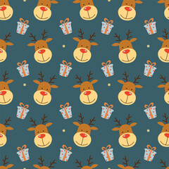 Seamless pattern with New Year's deer and gifts. Christmas design.