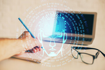 Man with multi exposure brain theme icons.