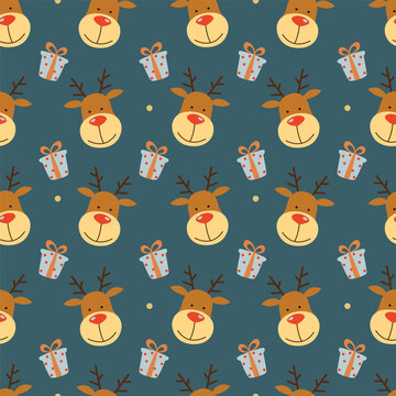 Seamless pattern with New Year's deer and gifts. Christmas design.