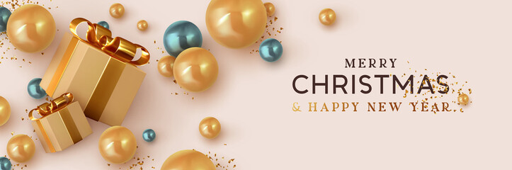 Obraz na płótnie Canvas Christmas banner. Background Xmas design of realistic brown gift box, 3d render blue and golden bauble ball and glitter gold confetti. Horizontal christmas poster, greeting card, headers for website