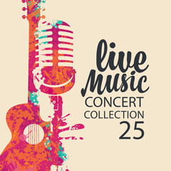 Poster for a live music concert with a bright abstract guitar, microphone and lettering on a light background in retro style. Suitable for vector banner, flyer, invitation, ticket, advertisement