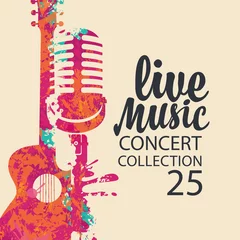 Zelfklevend Fotobehang Poster for a live music concert with a bright abstract guitar, microphone and lettering on a light background in retro style. Suitable for vector banner, flyer, invitation, ticket, advertisement © paseven