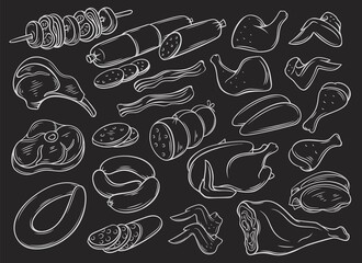 Meat products on black chalkboard, vector illustrations hand drawn set for packaging design