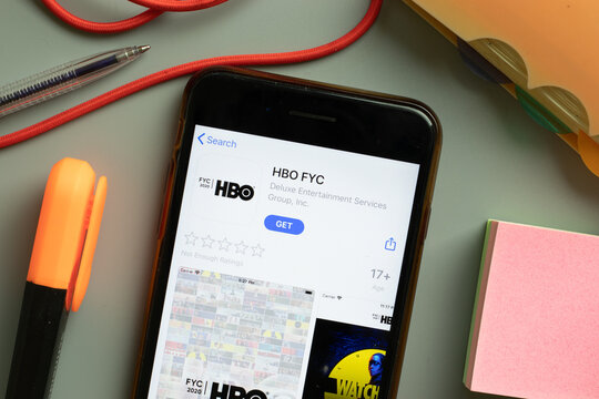 New York, USA - 29 September 2020: HBO FYC mobile app logo on phone screen close up, Illustrative Editorial
