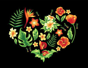 Heart with tropical leaves and flowers on black.