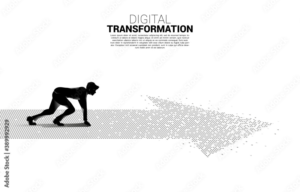 Poster silhouette of businessman in ready position on the arrow from pixel. concept of digital transformati