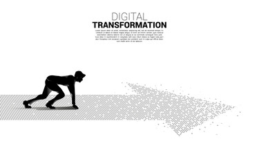 Silhouette of businessman in ready position on the arrow from pixel. concept of digital transformation of business.