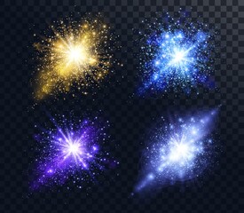 Explosions of shiny particles, sparkles and light effect of glow on transparent background, vector illustration