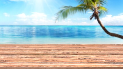Empty wooden planks with blur beach on background, can be used for product placement. 3D render