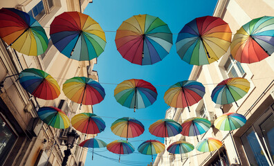 Fototapeta na wymiar Colorful decorative umbrellas hanging over in the city