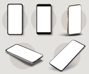 Realistic smartphone mockup. Detailed and beautiful collection smartphone white blank screen at different angles. 3d isolated vector technology mobile mockup. Mockup set isolated on white background.