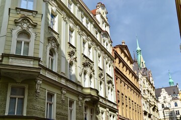 Prague street with beautiful Art Nouveau Architecture