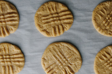 Top view of fresh baked peanut butter cookies.