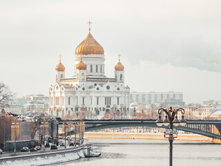 View on historical center, Moscow-river and Cathedral Of Christ The Saviour. Winter sunset in Moscow, Russia.