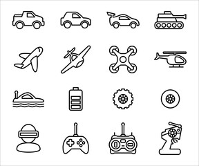 Simple Set of remote control toy Related Vector icon graphic design. Contains such Icons as remote controller, car, drone, game, buggy, helicopter, tank, airplane, plane, submarine, and bigfoot