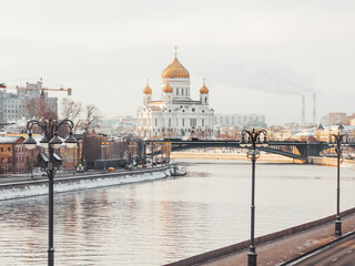 View on historical center, Moscow-river and Cathedral Of Christ The Saviour. Winter sunset in Moscow, Russia.