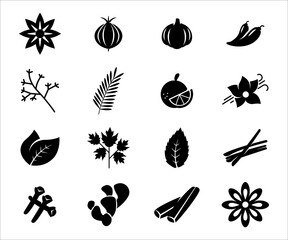 Simple Set of spice and herbs Related Vector icon graphic design. Contains such Icons as onion, garlic, pepper, chilli, star anise, mint, clove, cinnamon, cardamom, celery, basil, sage and rosemary