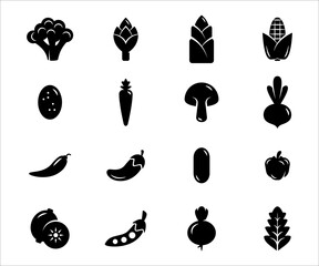 Simple Set of vegetable Related Vector icon graphic design. Contains such Icons as broccoli, eggplant, cucumber, asparagus, beet, carrot, bamboo shoot,mushroom, corn, potato, chili