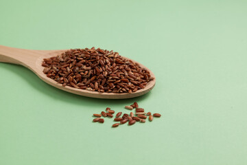 GABA rice in wooden spoon, close-up. Germinated brown rice. Selective focus, copy space