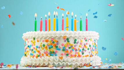 Birthday cake with candles on pastel blue background