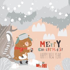 Cartoon funny bear sitting with cute rabbits on stump