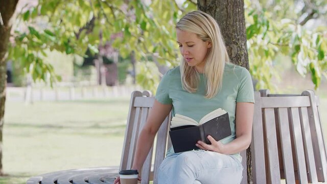 Woman sitting on park bench under tree reading book and drinking takeaway coffee - shot in slow motion