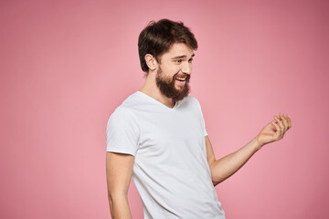 cute bearded men white t-shirt studio pink isolated background