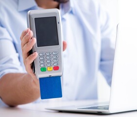 Man processing credit card transaction with POS terminal