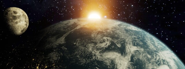 3D Render of Earth panoramic with moon and sun in background