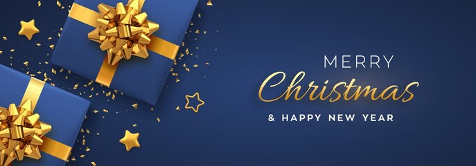 Fototapeta na wymiar Christmas banner. Realistic blue gift boxes with golden bow, gold stars and glitter confetti. Xmas background, horizontal christmas poster, greeting cards, headers website. Vector illustration.