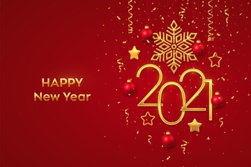 Fototapeta na wymiar Happy New 2021 Year. Hanging Golden metallic numbers 2021 with shining snowflake, 3D metallic stars, balls and confetti on red background. New Year greeting card or banner template. Vector.