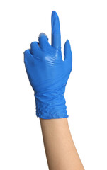 Woman in blue latex gloves pointing at something on white background, closeup of hand