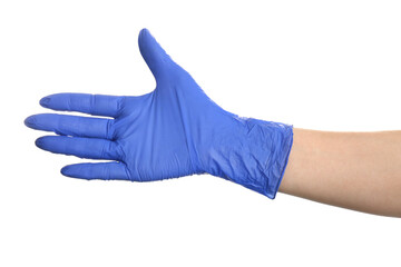 Woman in blue latex gloves on white background, closeup of hand