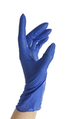 Woman in blue latex gloves holding something on white background, closeup of hand