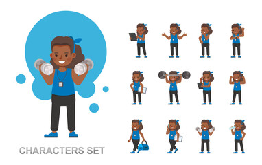 Set of Fitness trainer girl kid character vector design. Woman dressed in sports clothes. Presentation in various action with emotions, running, standing and walking.