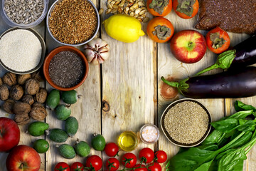 A set of useful foods for diet nutrition. Superfoods, fruits, vegetables, seeds. DASH diet. Vegan diet foods.
