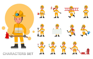 Set of girl kid Firefighter character vector design. Presentation in various action with emotions, running, standing and walking.