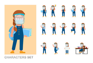 Set of girl wearing medical mask and face shield character vector design. Presentation in various action with emotions, running, standing and walking.