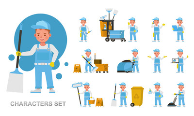 Set of Janitor kid boy working character vector design. Presentation in various action with emotions, running, standing and walking.